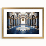 Textured abstract art print of palace architecture in gold frame, using muted earth tones, ideal for bedroom art.