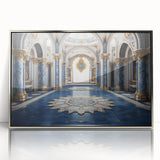 Art deco poster depicting a palace architecture design in silver tones on a framed acrylic.