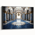 Black and white vintage poster art of a palace on framed canvas, suited for bedroom wall decor.