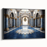 Black and white vintage poster art of a palace on framed canvas, suited for bedroom wall decor.