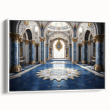 Framed canvas featuring a vintage poster of a black and white palace architecture, ideal for bedroom wall decor.