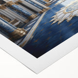 Art deco poster of a geometric palace design in muted gold and black, printed on rolled canvas.