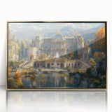 Mid-century modernist palace design in gold and white on a framed acrylic, ideal for nursery wall art.
