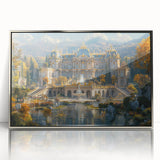 Art deco poster of a palace design in muted gold and silver tones on framed acrylic, suitable for modern nursery decor.