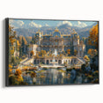 Black and white vintage poster art of a palace, printed on framed canvas, suitable for bedroom wall decor.