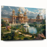 Large abstract wall art on acrylic glass depicting a palace design in muted earth tones.
