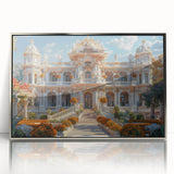 Art Deco style palace architecture poster in silver frame, ideal for modern art wall decor or a nursery.