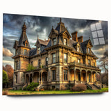 Large abstract wall art on acrylic glass depicting a palace design in muted gray, ideal for bedroom or dining room decor.
