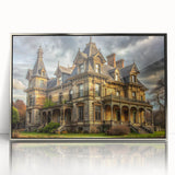 Art Deco-style palace architecture print on silver-framed acrylic, with geometric shapes in muted tones.