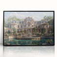 Large abstract wall art depicting a mid-century modernist palace design in black and gray tones on a framed acrylic panel.
