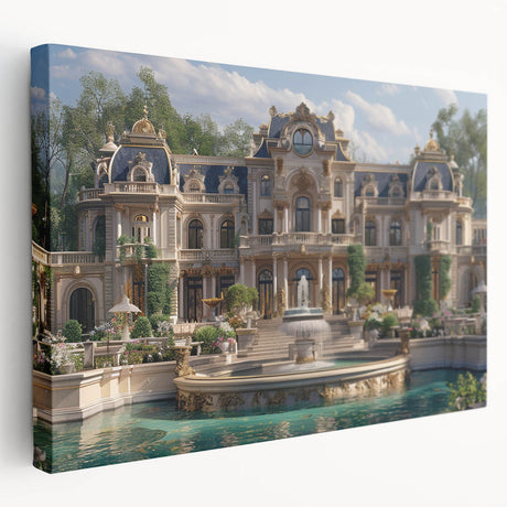 Large stretched canvas featuring a detailed palace architecture design in muted earth tones, suitable for kitchen wall art.
