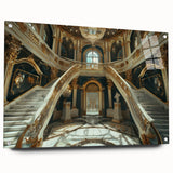 Large abstract wall art on acrylic featuring a geometric palace design in neutral shades.