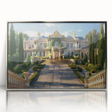 Art Deco style palace design in silver and gray tones on a framed acrylic, ideal for modern art wall decor.