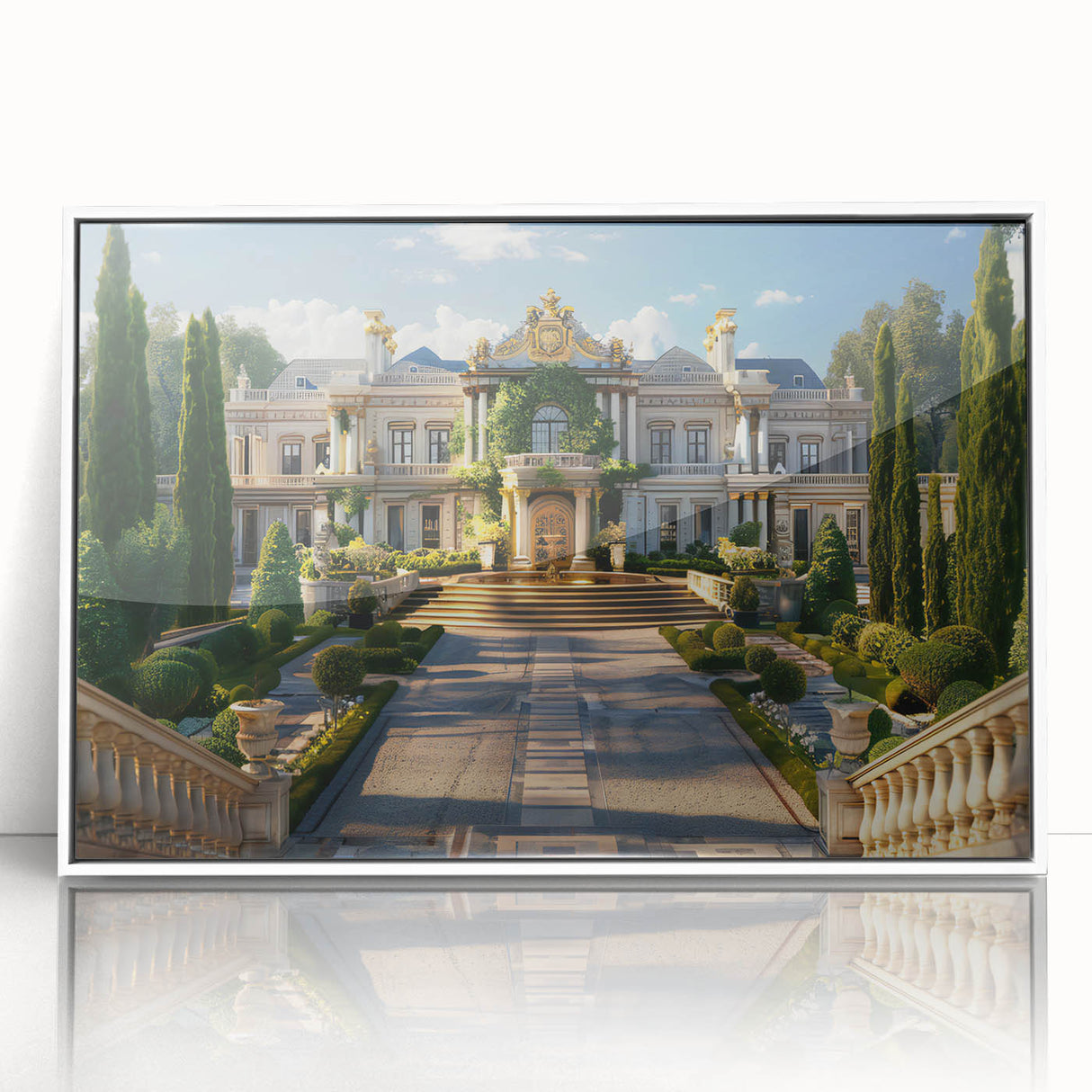 Mid-century modernist palace design in muted gray and blue tones on a large framed acrylic print.