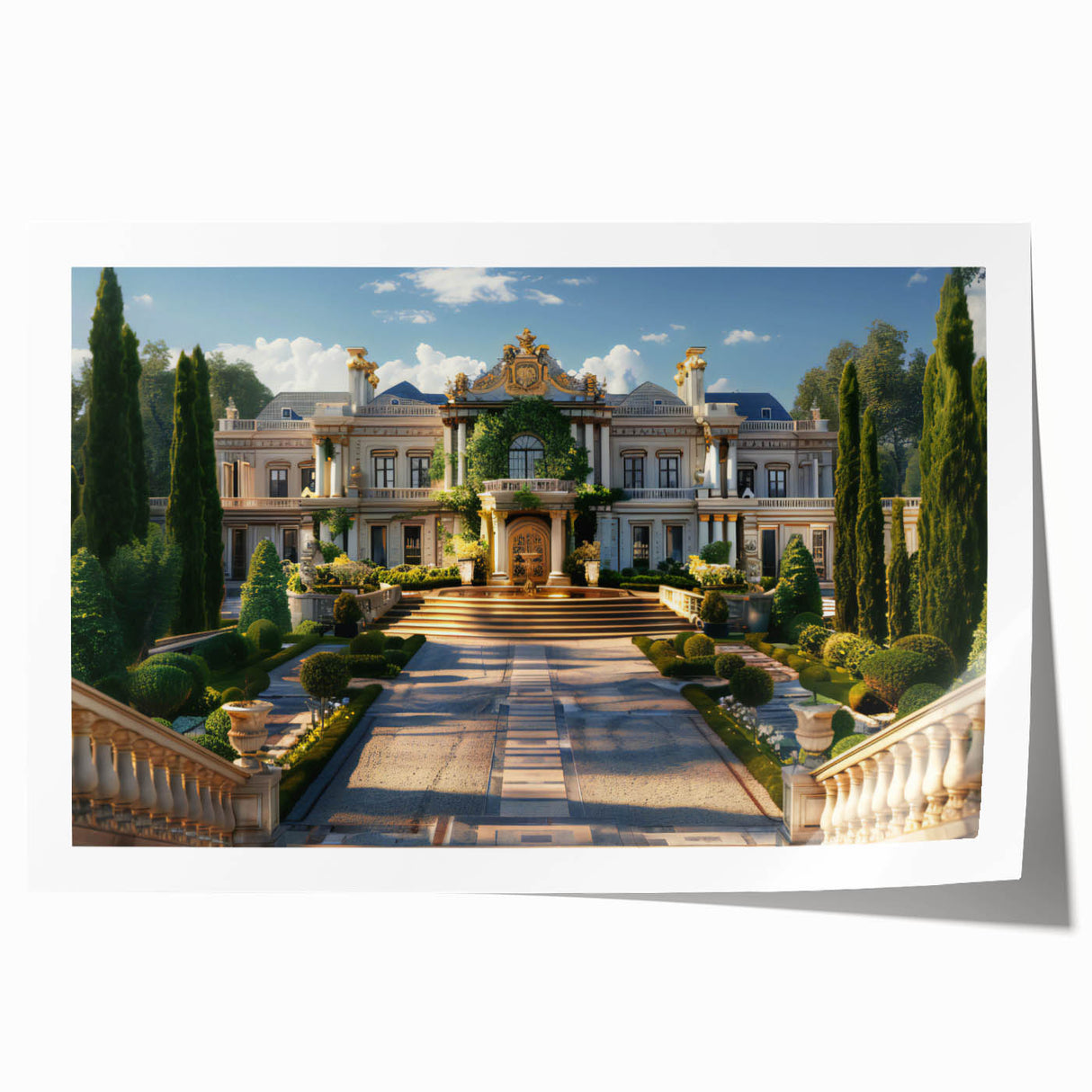 Extra large rolled print of a palace design featuring intricate floral details in muted earth tones.