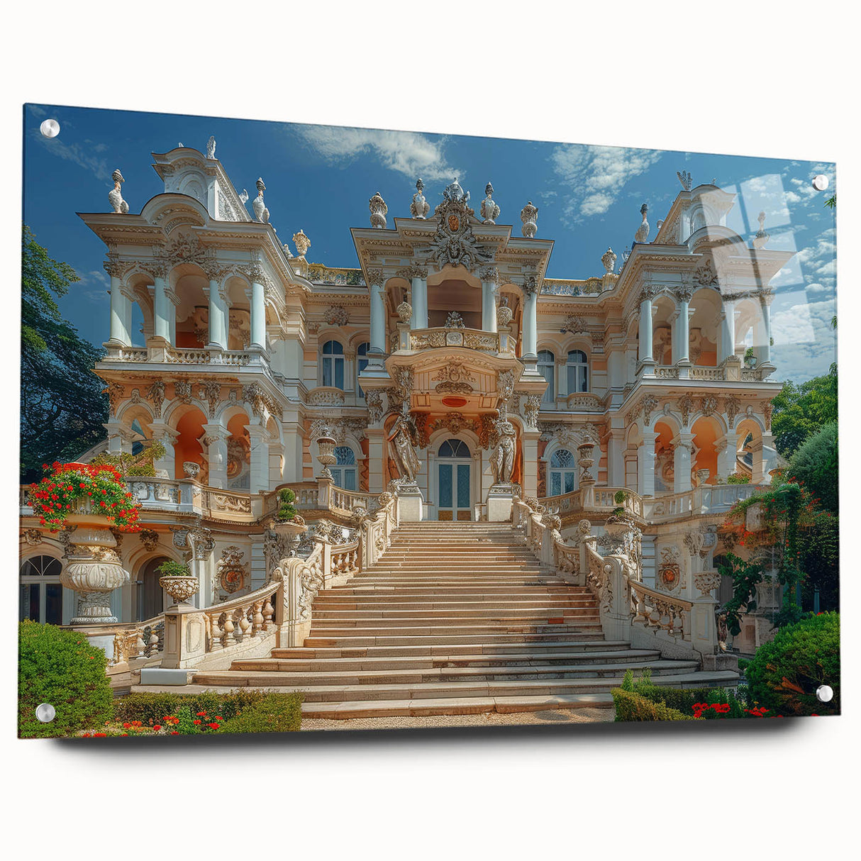Large abstract wall art of a palace design in muted gold and white tones on acrylic glass.