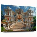 Large abstract wall art in acrylic, featuring a palace design with soft gray and white tones.