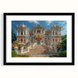 Extra large abstract art print featuring a colorful, textured depiction of a palace, on a black framed canvas.