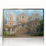 Mid-century modernist palace architecture in gold tones, acrylic print, ideal for nursery wall art.