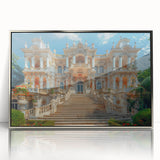 Art Deco style palace architecture depicted in silver and gray tones on a framed acrylic, suitable for modern art wall decor.