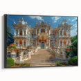 Black and white framed canvas featuring a vintage poster art of a palace design, ideal for bedroom wall decor.