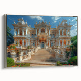 Vintage poster art of a palace design on framed canvas, featuring colorful art in black, ideal for living room decor.