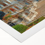 Art deco poster of a detailed palace architecture in muted gold and ivory tones on rolled canvas.
