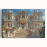 Black and white large art print of a palace architecture on stretched canvas, suitable for kitchen wall art.