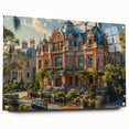 Large abstract wall art on acrylic glass depicting a palace design in neutral tones.