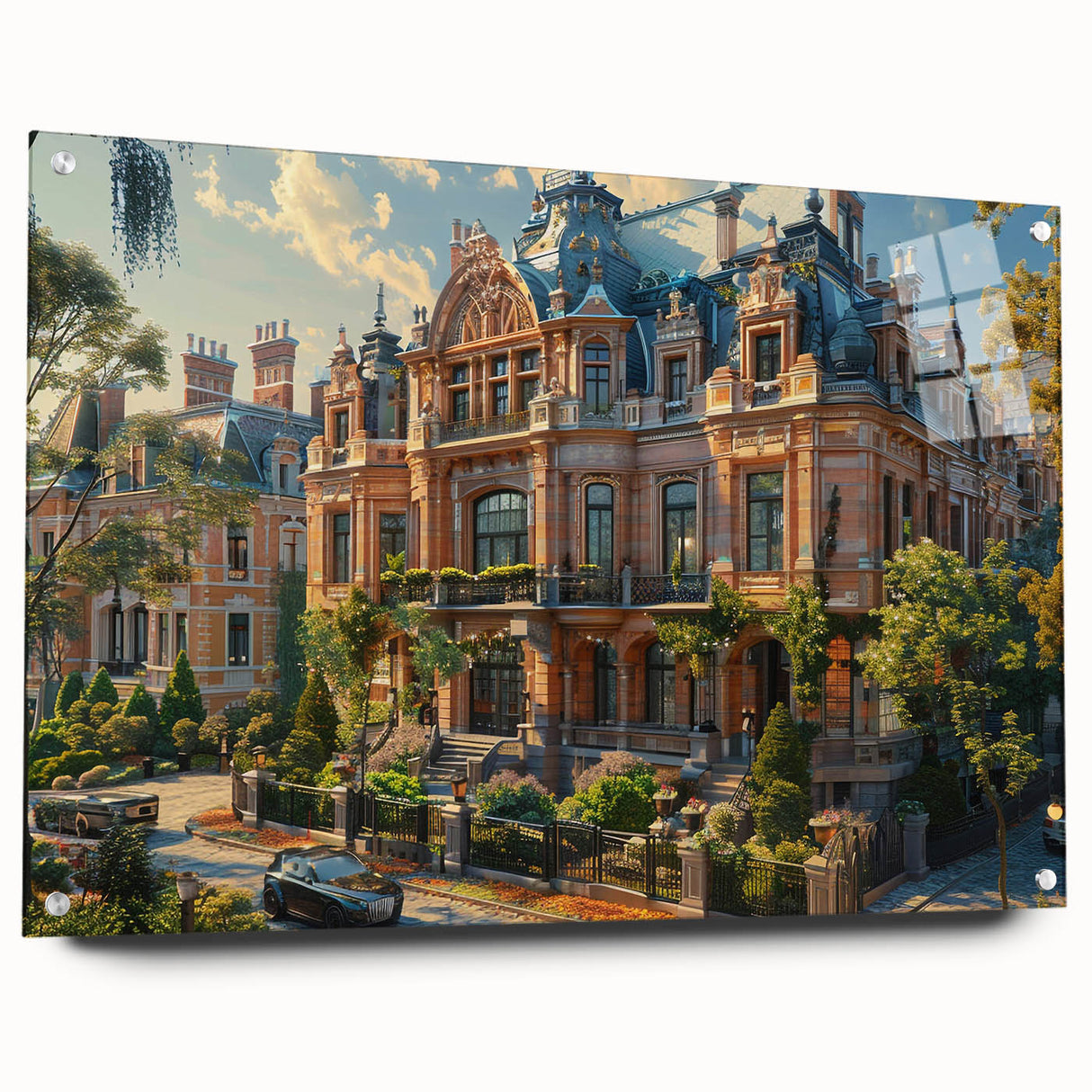 Large abstract wall art on acrylic glass depicting a palace design in neutral tones.