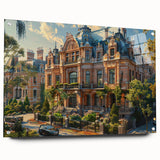 Large abstract wall art on acrylic glass depicting a palace design in neutral tones.
