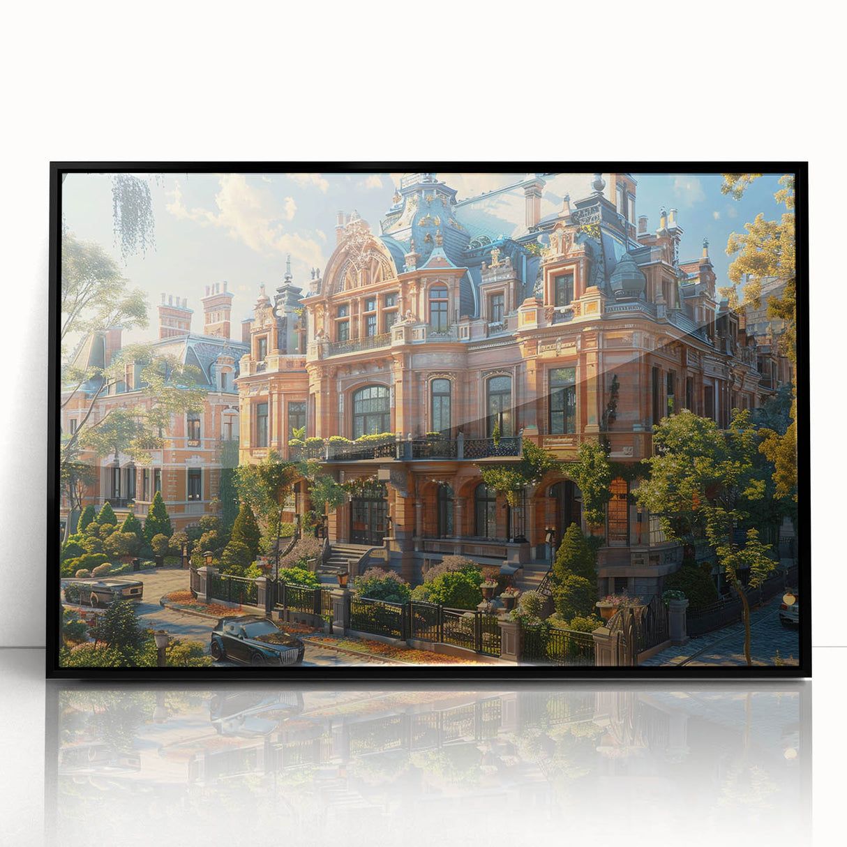 Large abstract wall art of a palace in muted black and gray tones, framed acrylic, ideal for modern living room decor.