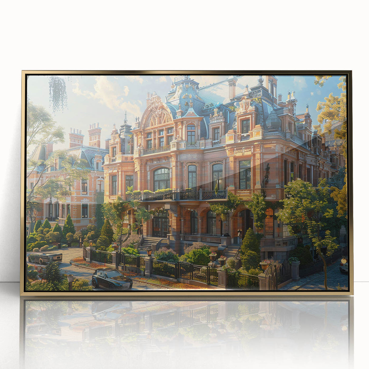 Mid-century modernist art deco palace design in gold and white tones on framed acrylic, suitable for modern nursery decor.