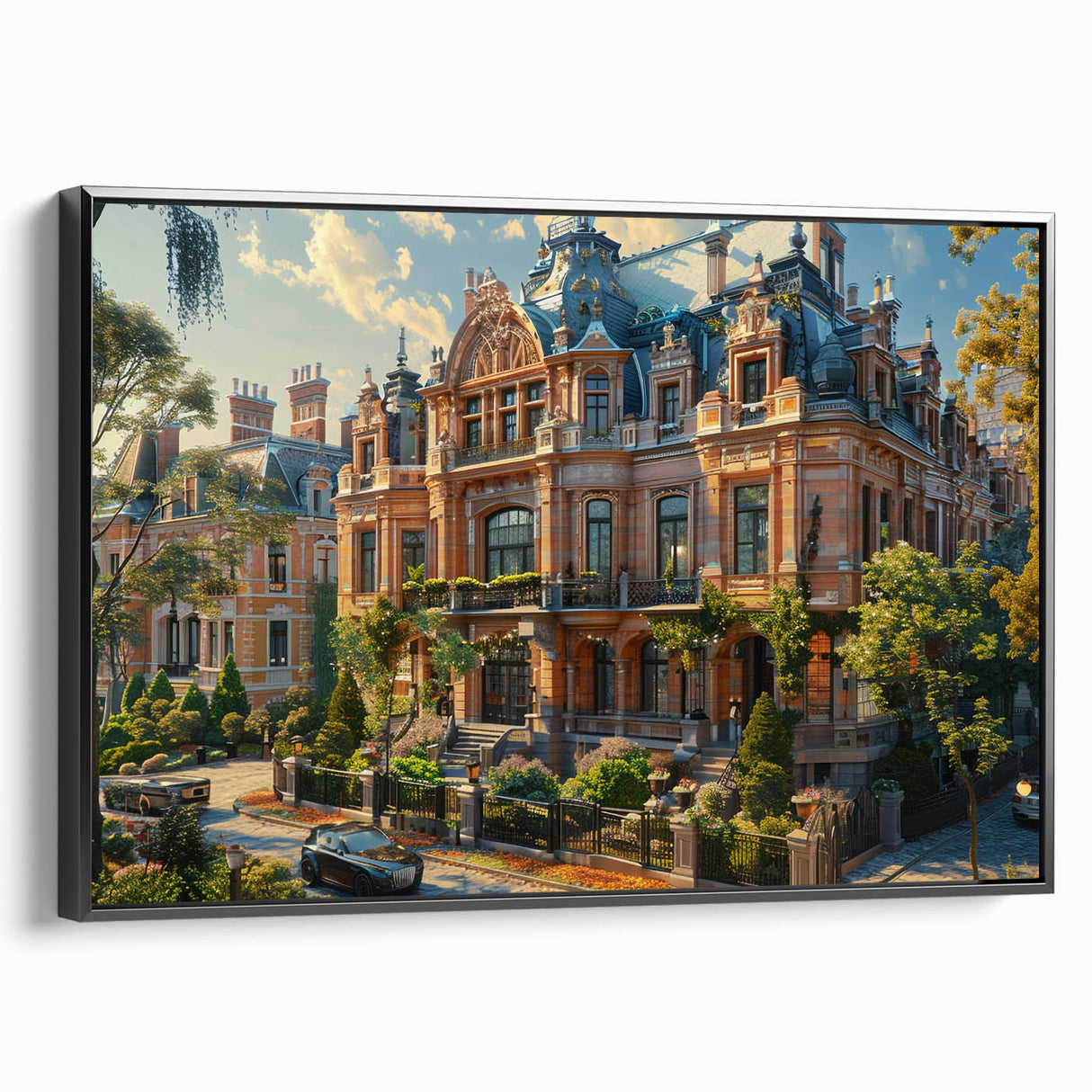 Black and white vintage poster art of a palace design on a framed canvas, ideal for bedroom wall decor.