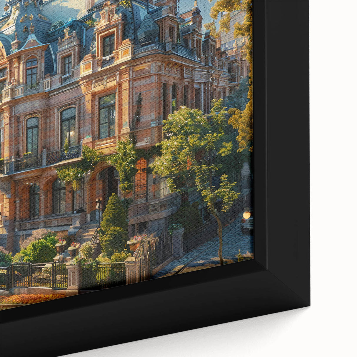 Extra large framed canvas featuring a black palace design with colorful, textured details, ideal for living room decor.