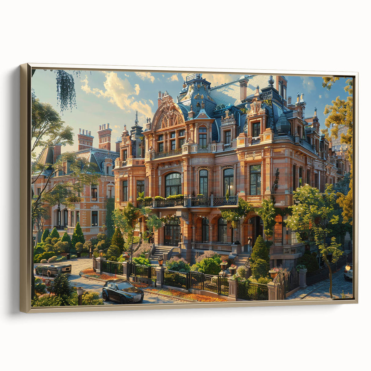 Framed canvas of a vintage-style landscape art painting featuring a palace, with a palette of black and colorful accents.