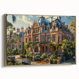 Framed canvas of a vintage-style landscape art painting featuring a palace, with a palette of black and colorful accents.