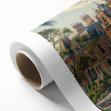Art deco poster of a palace with geometric patterns in muted gold and white tones on rolled canvas.
