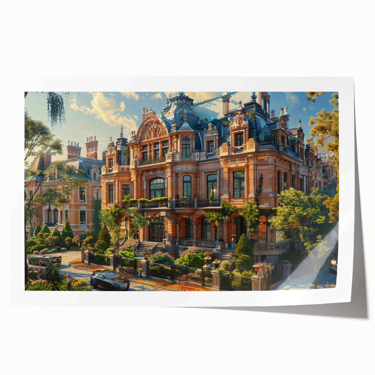 Rolled print of a large palace architecture design with muted earth tones, ideal for art wall dining room.