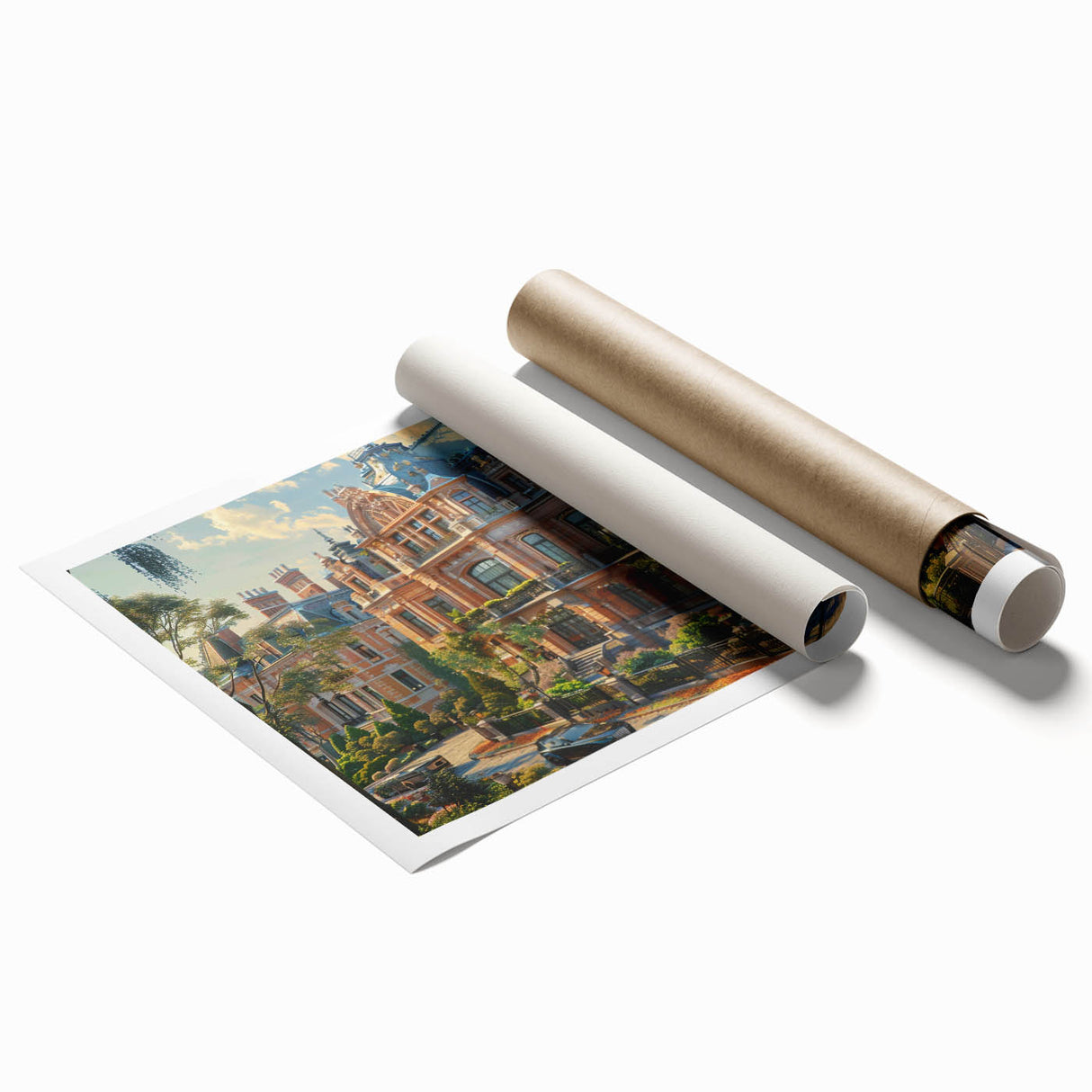 Extra large rolled print of a palace with intricate floral designs in muted earth tones, ideal for classy bathroom wall art.