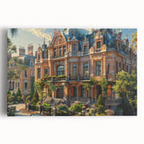 Black and white large art print of a palace's intricate architecture on stretched canvas, suitable for kitchen wall art.