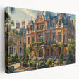 Large art print of a palace architecture design in muted beige and white tones on stretched canvas.