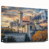 Large abstract wall art on acrylic glass depicting geometric palace design in neutral tones.