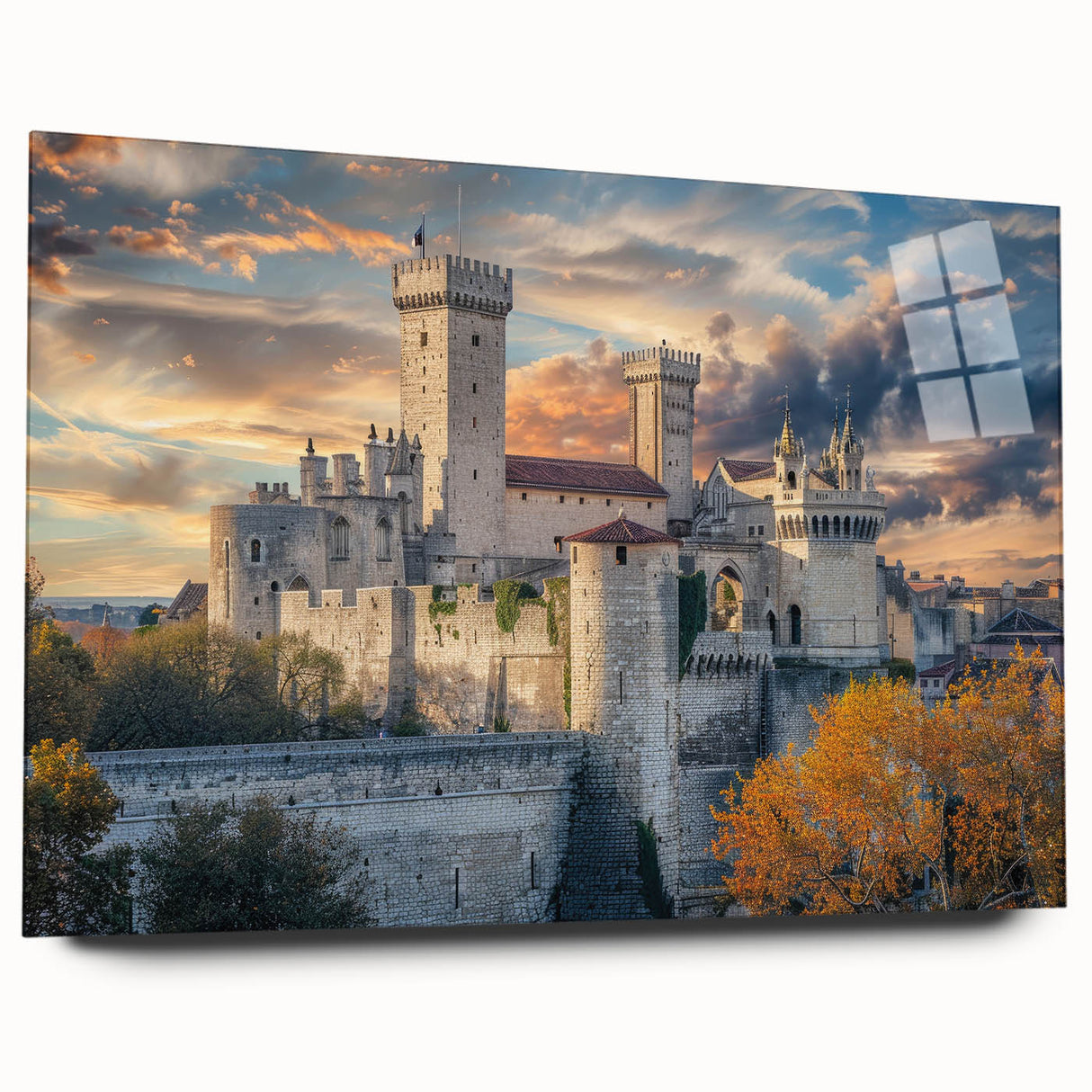 Large abstract wall art on acrylic glass depicting a geometric palace design in neutral tones.