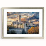 Abstract art print depicting a modern palace design in silver and gray tones on a framed canvas.
