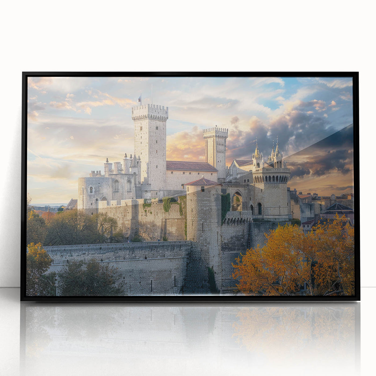 Large abstract wall art featuring mid-century modernist palace architecture in black and white, framed in acrylic.