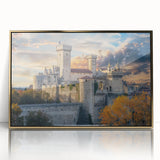 Mid-century modernist art deco palace design in gold and white tones, framed acrylic, ideal for modern art wall decor.