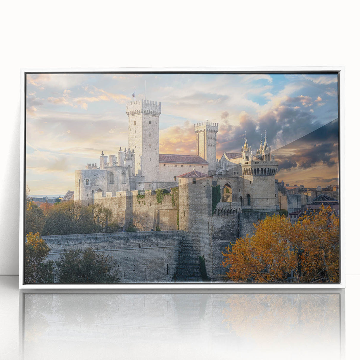 Mid-century modernist large art print of a palace, in muted earth tones on acrylic, ideal for modern art wall decor.
