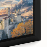 Extra large framed canvas featuring a black palace design with textured, colorful art accents, ideal for living room decor.
