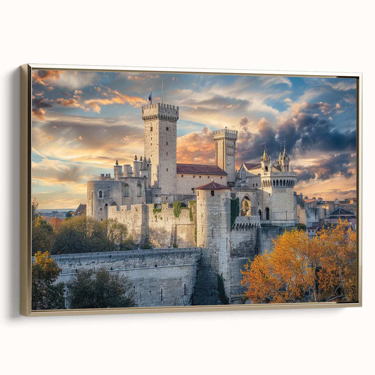 Framed canvas of a vintage-style palace landscape in muted gold and black.
